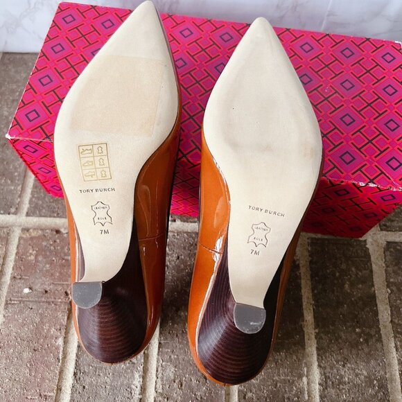 Tory Burch Angle Pointed Toe Heel Pump Tan Cuoio/chocolate Patent Leather US 7 - Picture 7 of 8